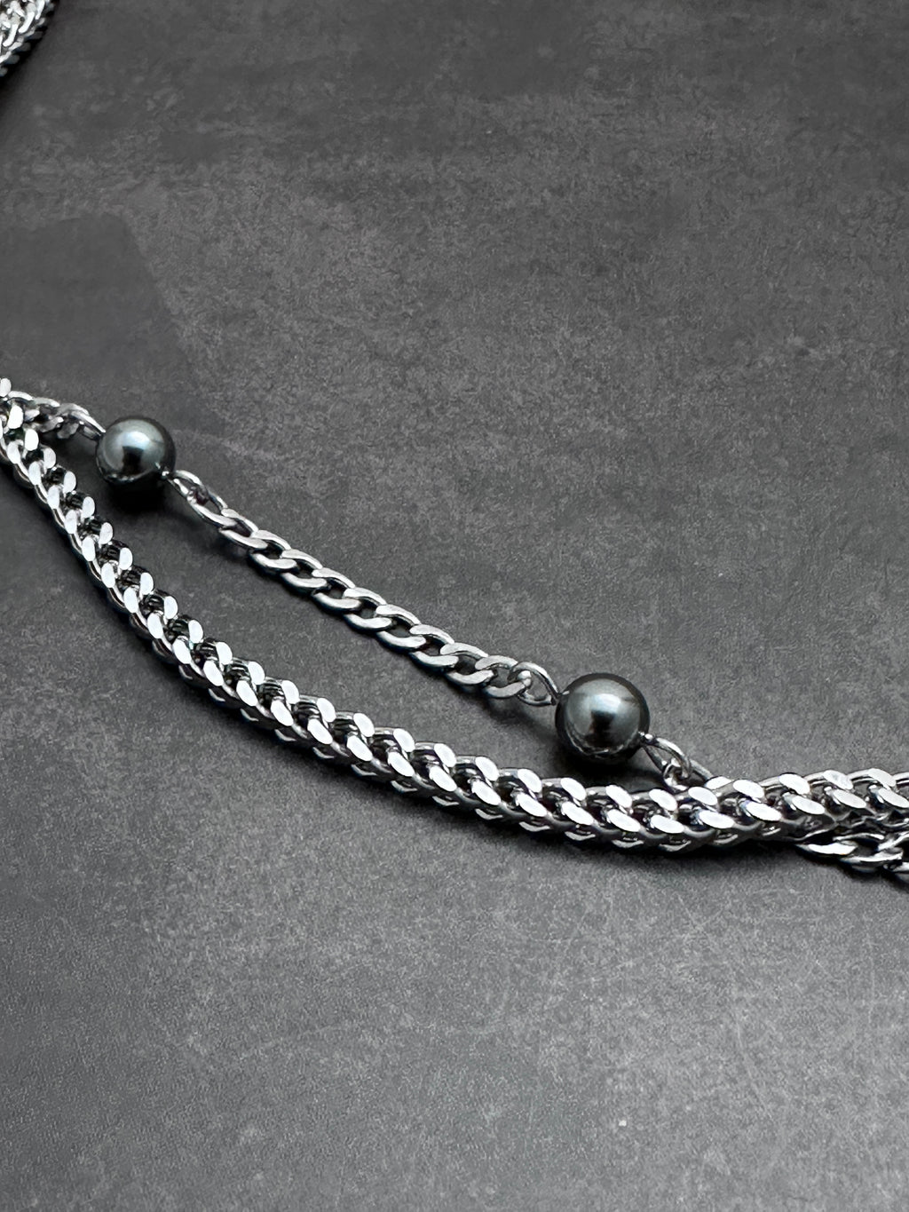 Starry Chain Statement Necklace | Dark Grey Pearls Soft-Industrial Necklace with Elegant Strength
