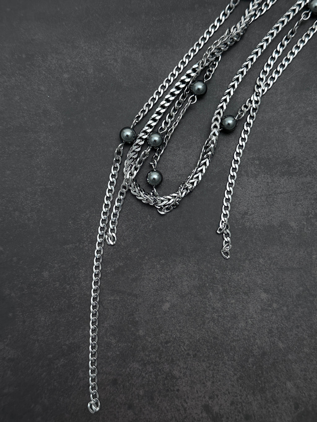 Starry Chain Statement Necklace | Dark Grey Pearls Soft-Industrial Necklace with Elegant Strength