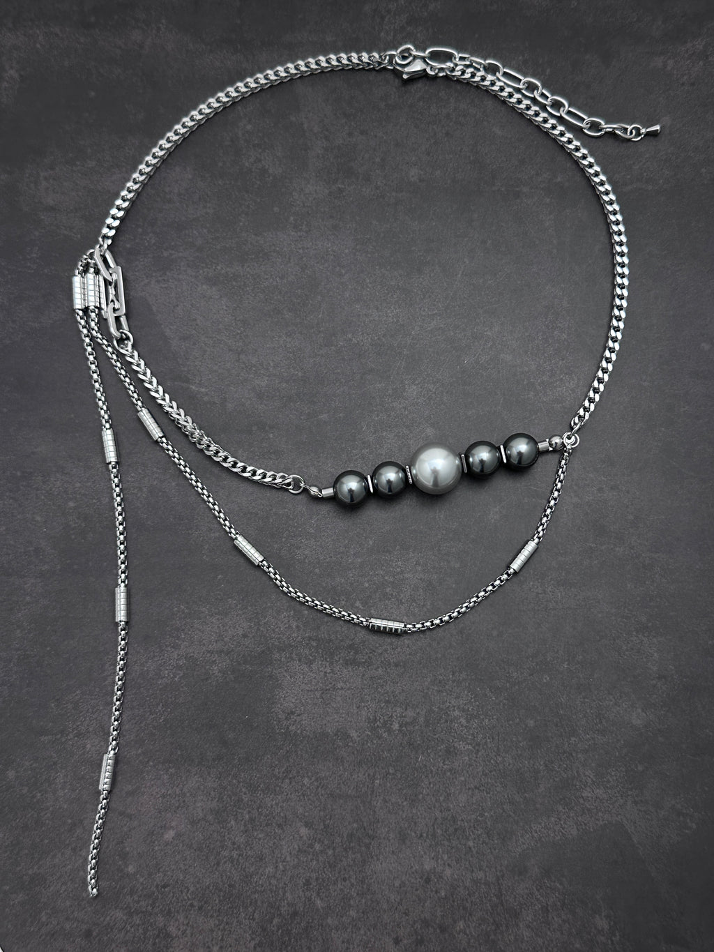 Galaxy Orbit Layered Necklace | Dark Grey Pearl Soft-Industrial Y Necklace