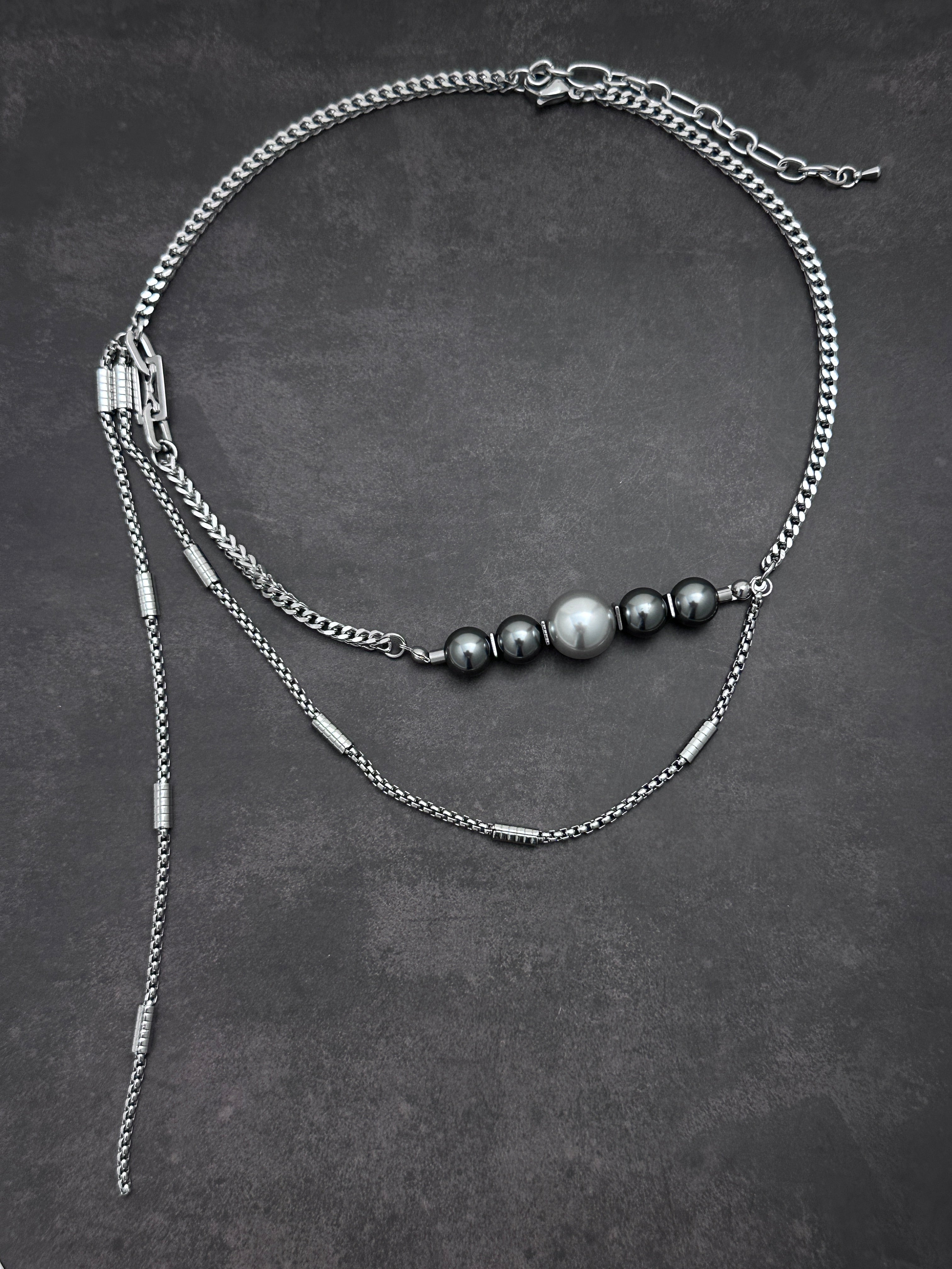 Galaxy Orbit Layered Necklace | Dark Grey Pearl Soft-Industrial Y Necklace