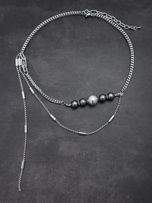 Galaxy Orbit Layered Necklace | Dark Grey Pearl Soft-Industrial Y Necklace