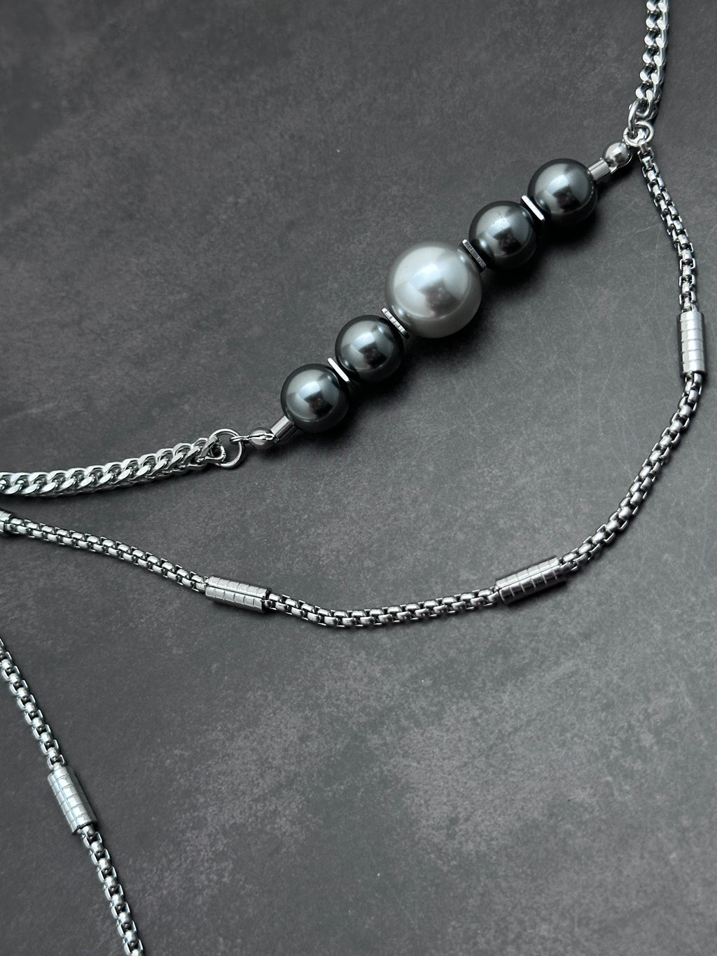 Galaxy Orbit Layered Necklace | Dark Grey Pearl Soft-Industrial Y Necklace