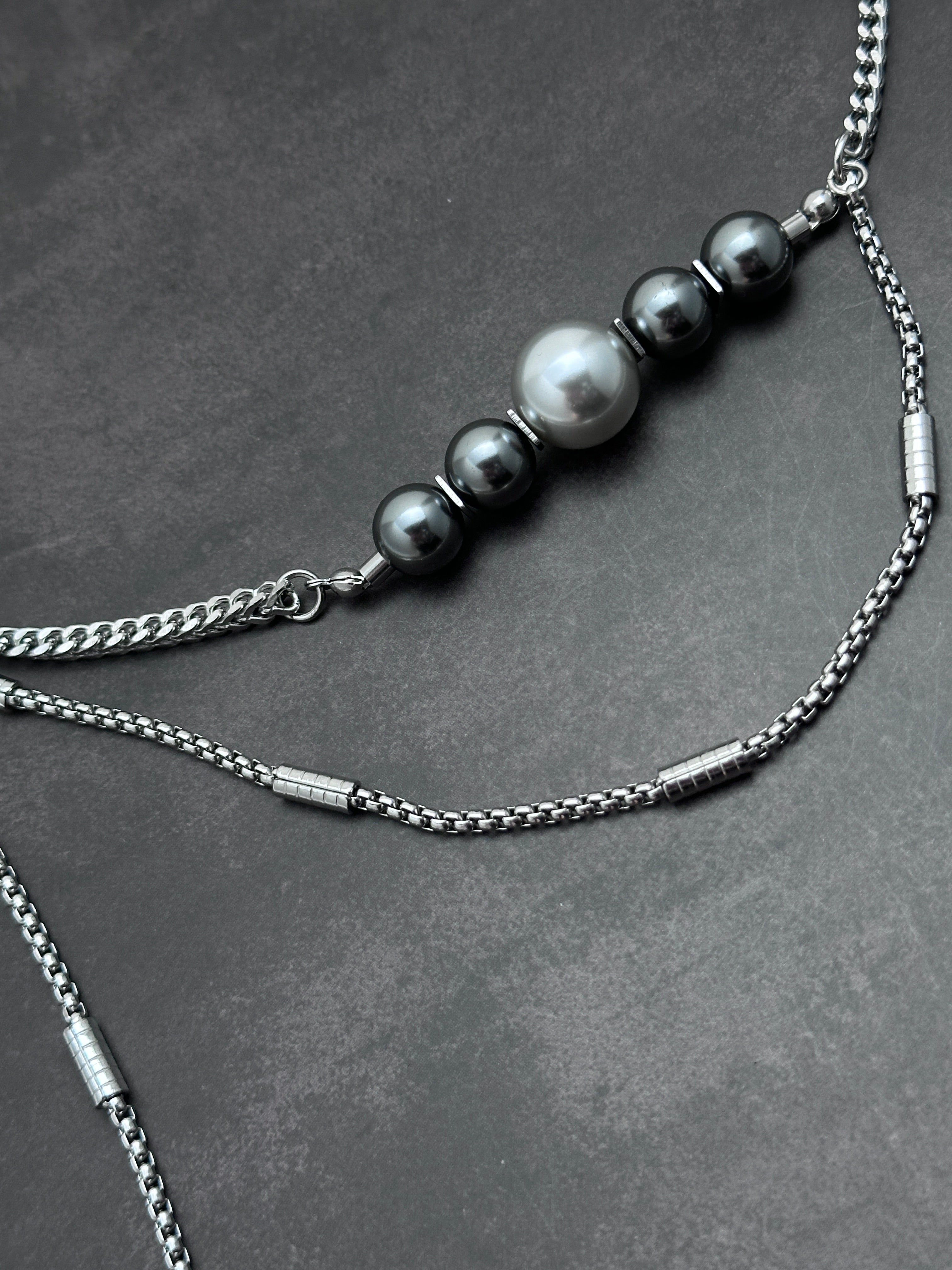 Galaxy Orbit Layered Necklace | Dark Grey Pearl Soft-Industrial Y Necklace