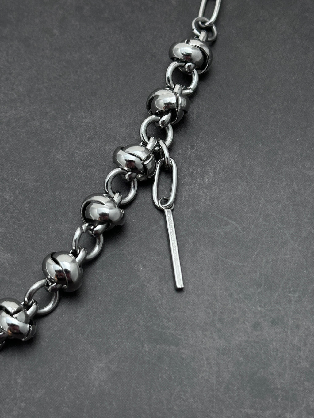 Dark Grey Pearl Chain  | Silver Metal Knot Asymmetric Soft-Industrial Necklace