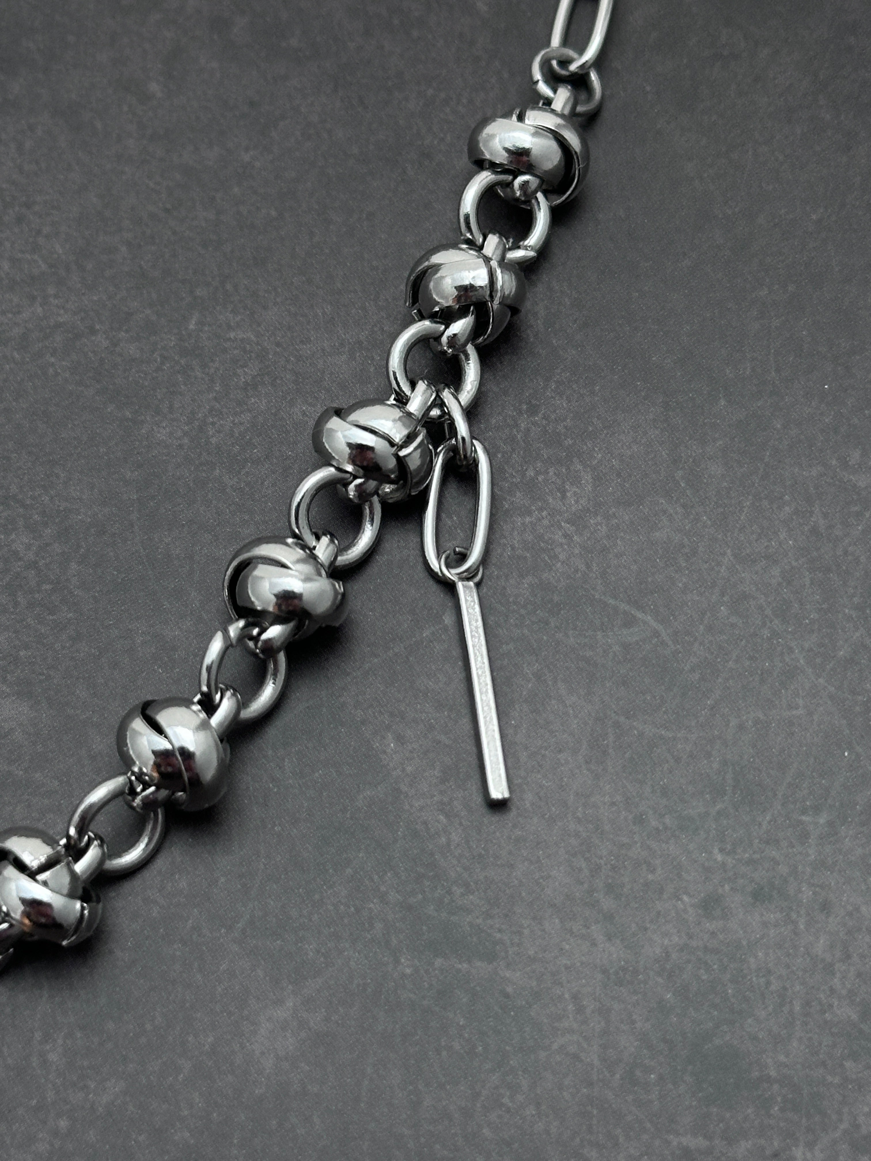 Dark Grey Pearl Chain  | Silver Metal Knot Asymmetric Soft-Industrial Necklace