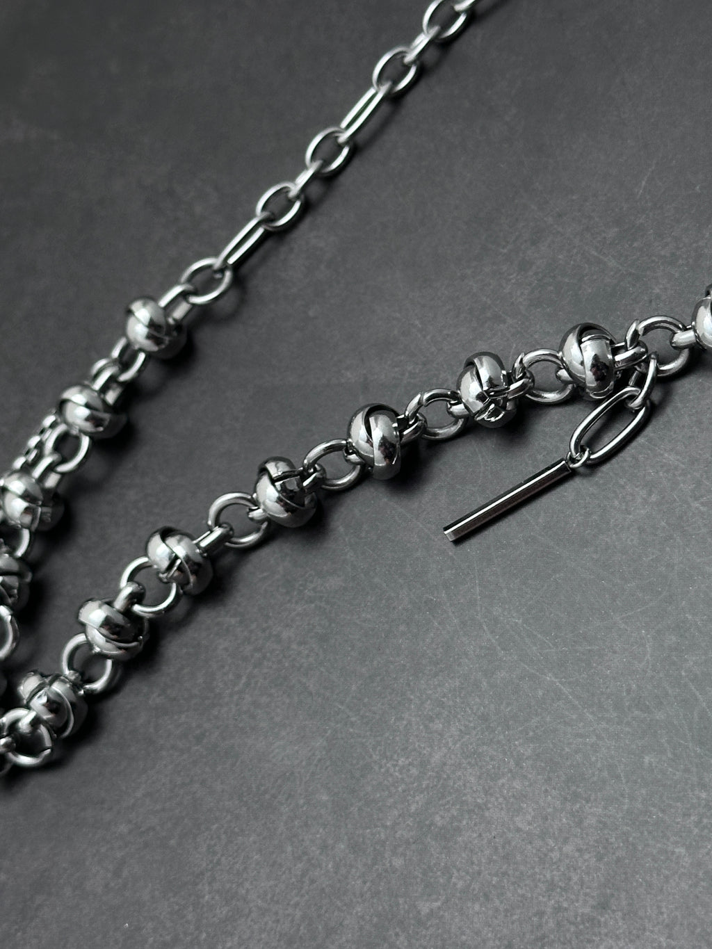 Dark Grey Pearl Chain  | Silver Metal Knot Asymmetric Soft-Industrial Necklace