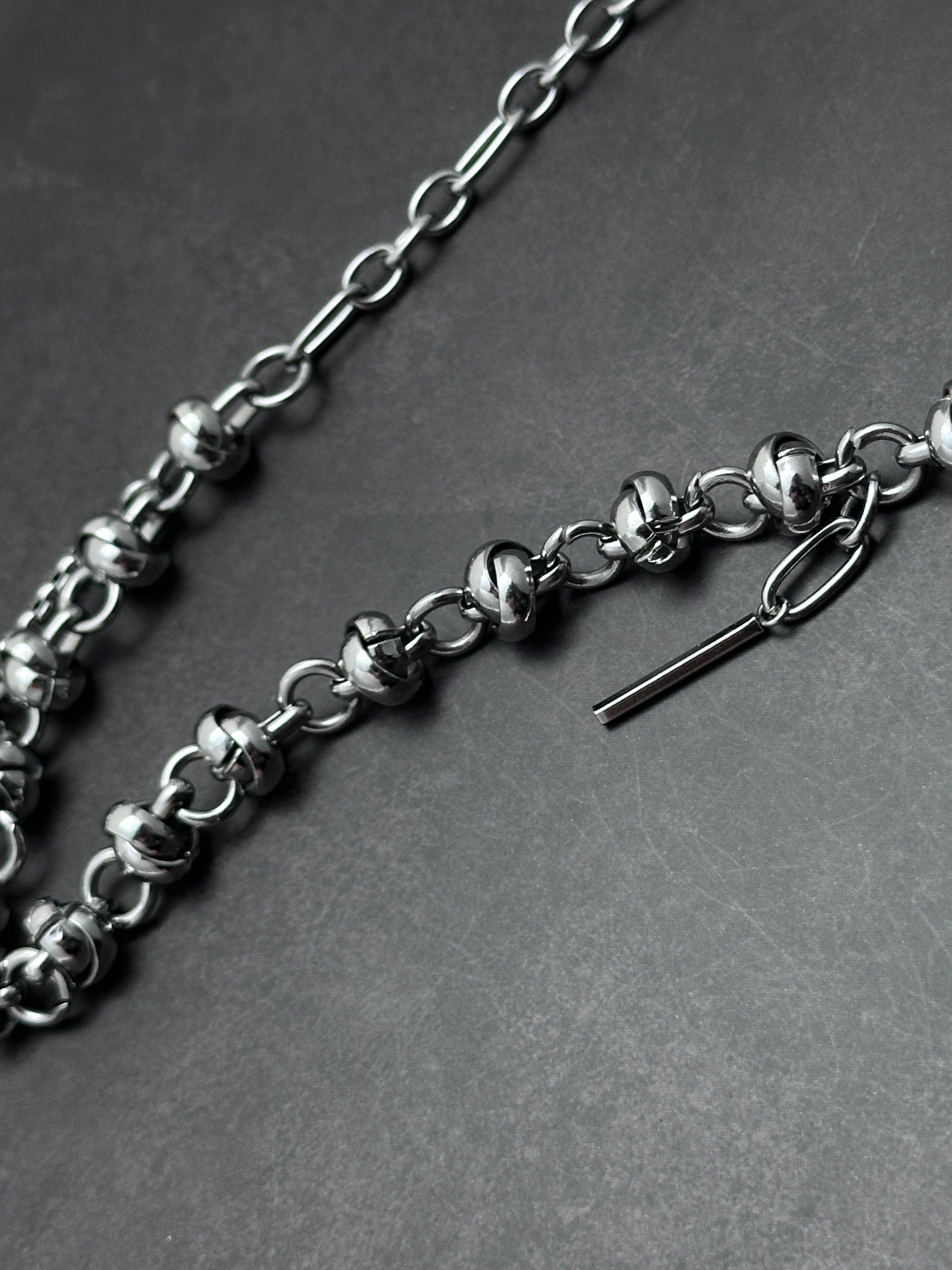 Dark Grey Pearl Chain  | Silver Metal Knot Asymmetric Soft-Industrial Necklace