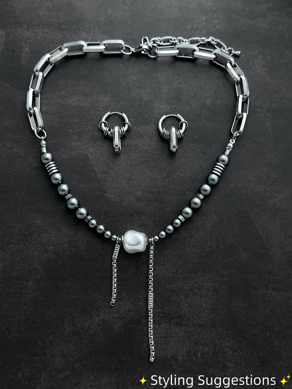 Double Drop Soft-Industrial Necklace |  Dark Grey Beaded Pearl Statement Necklace