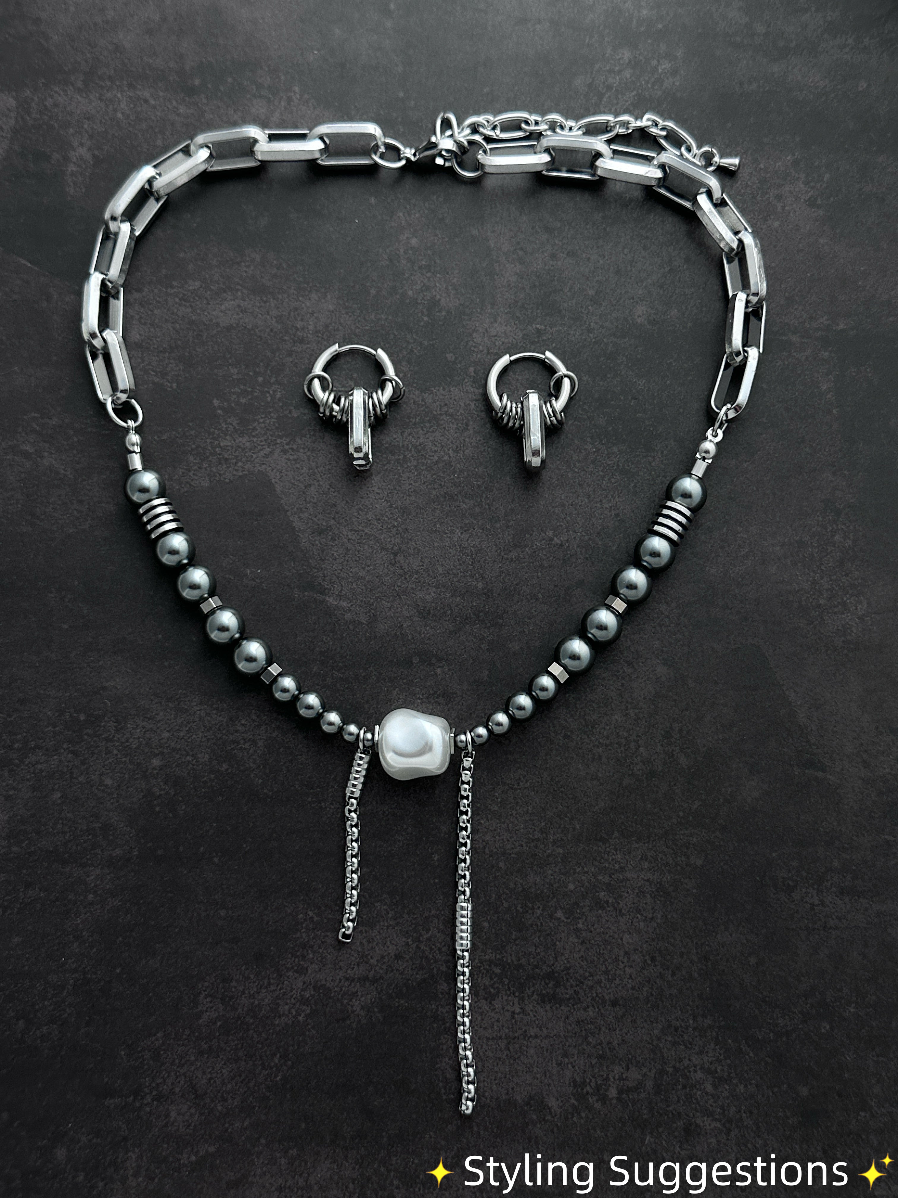 Double Drop Soft-Industrial Necklace |  Dark Grey Beaded Pearl Statement Necklace