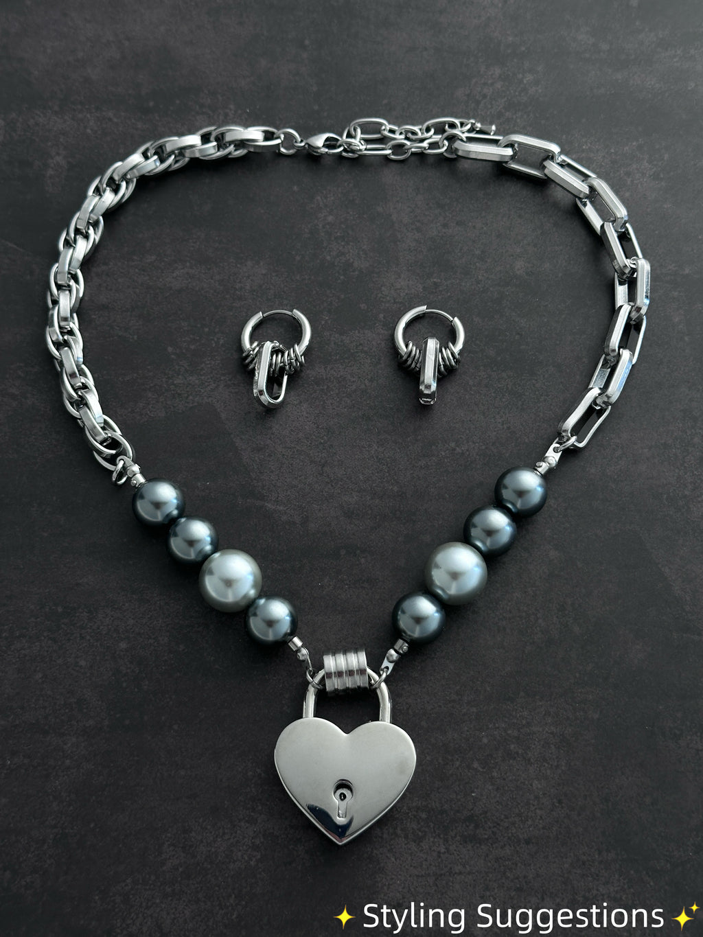 Heart Lock Pearl Choker | Dark Grey Pearl Punk Soft-Industrial Necklace