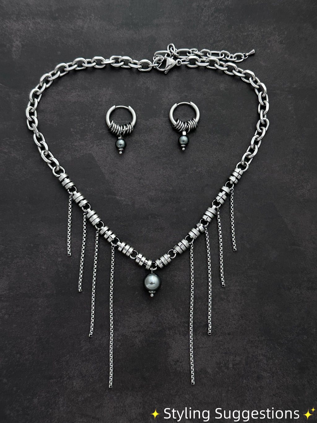 Fringe Dark Grey Pearls Soft-Industrial Statement Necklace
