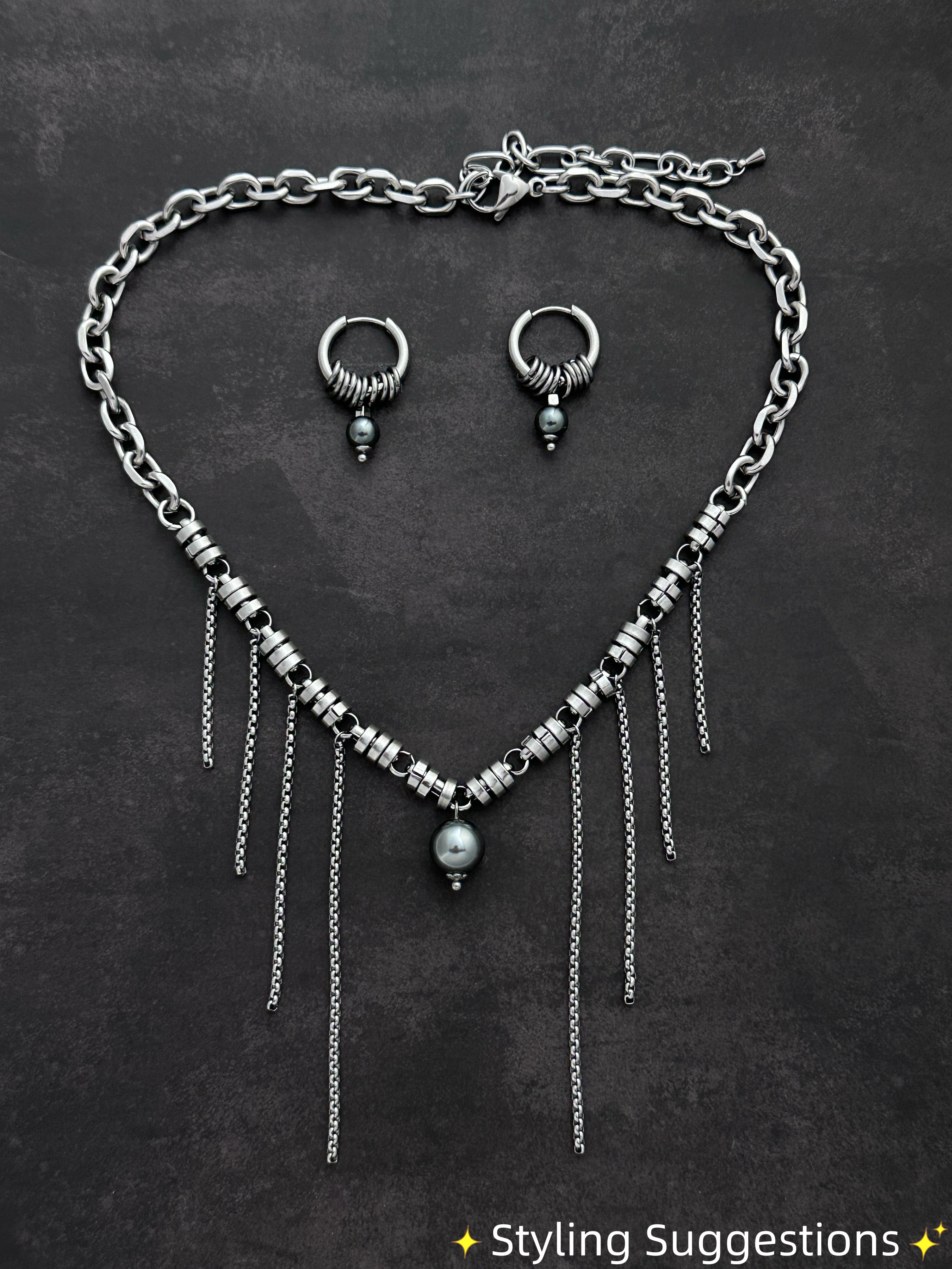 Fringe Dark Grey Pearls Soft-Industrial Statement Necklace