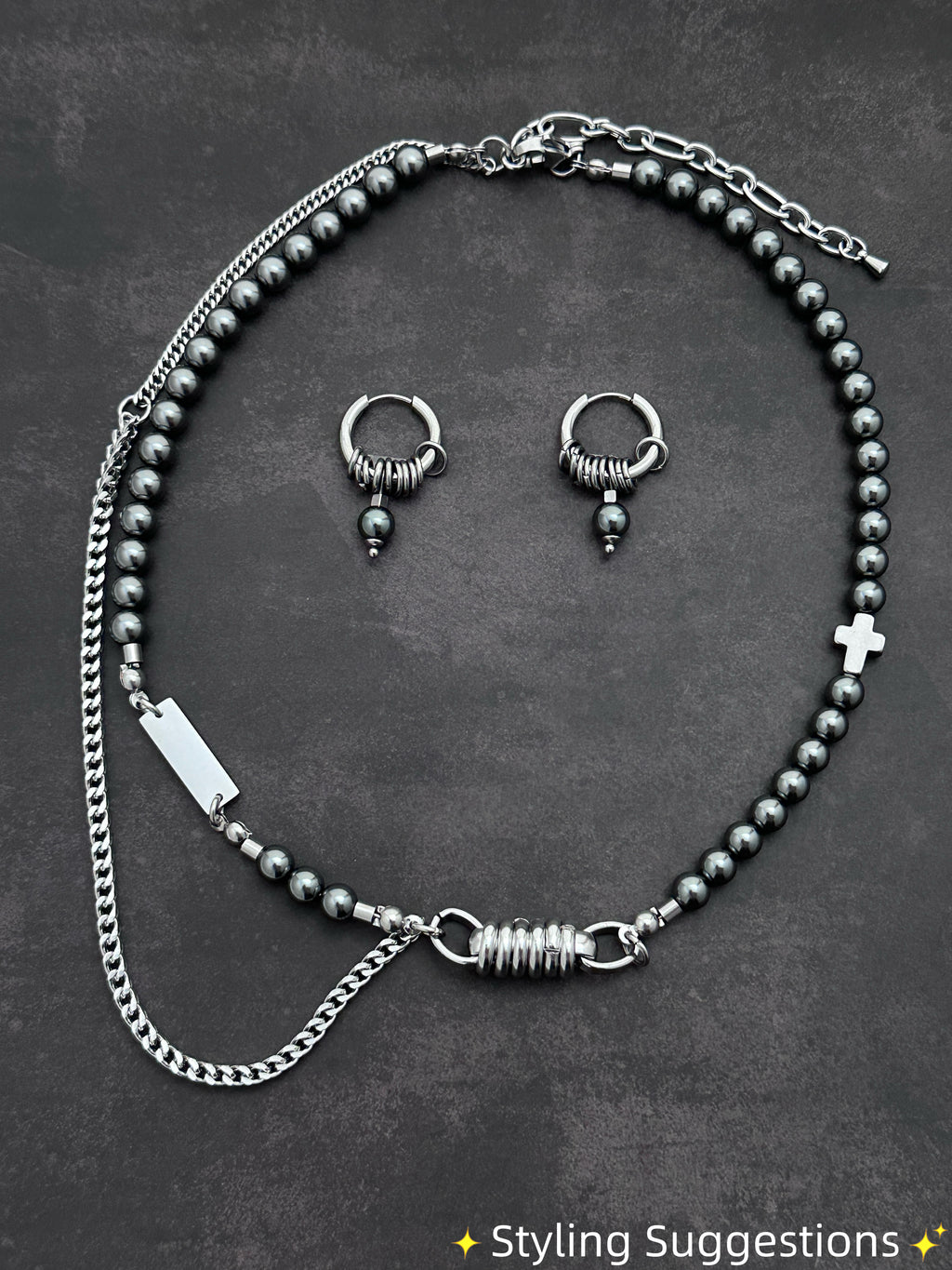 Mechanical Chain Soft-Industrial Necklac | Dark Grey Pearls  Statement Necklac