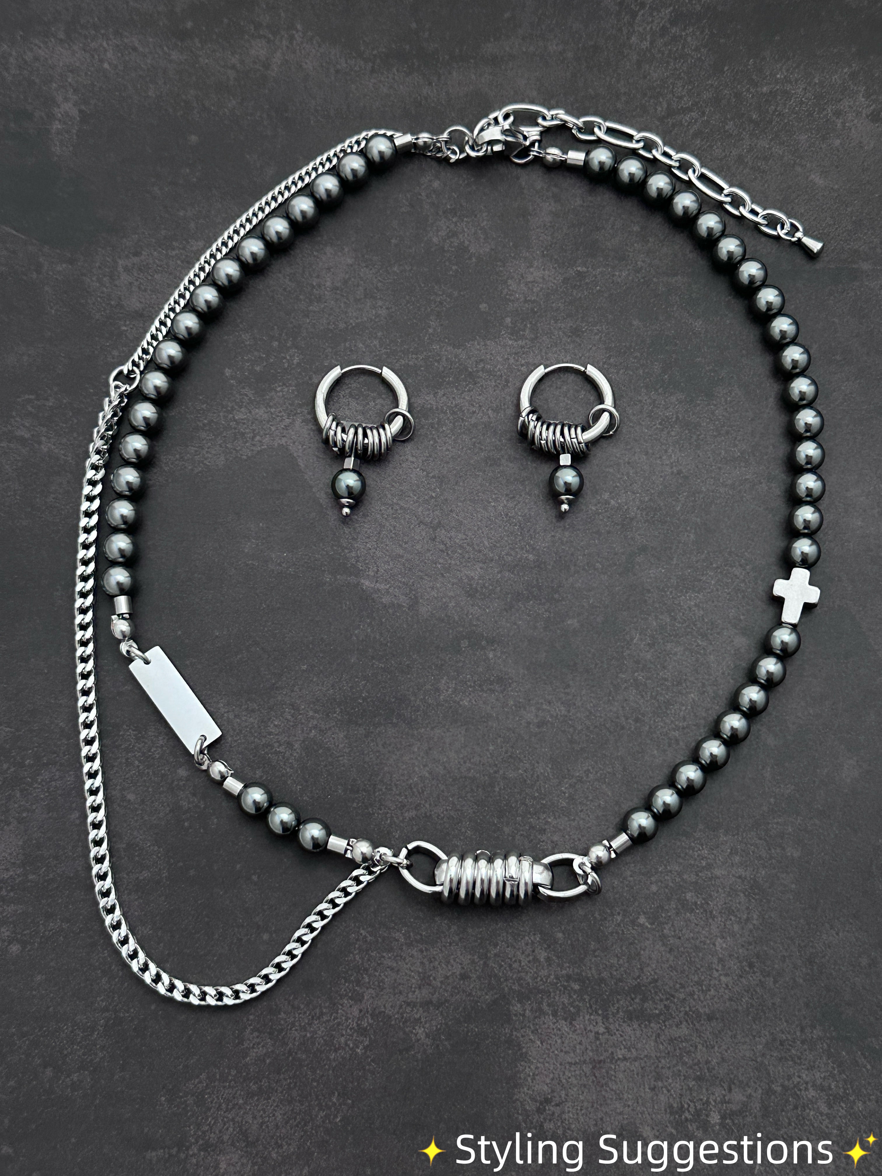 Mechanical Chain Soft-Industrial Necklac | Dark Grey Pearls  Statement Necklac