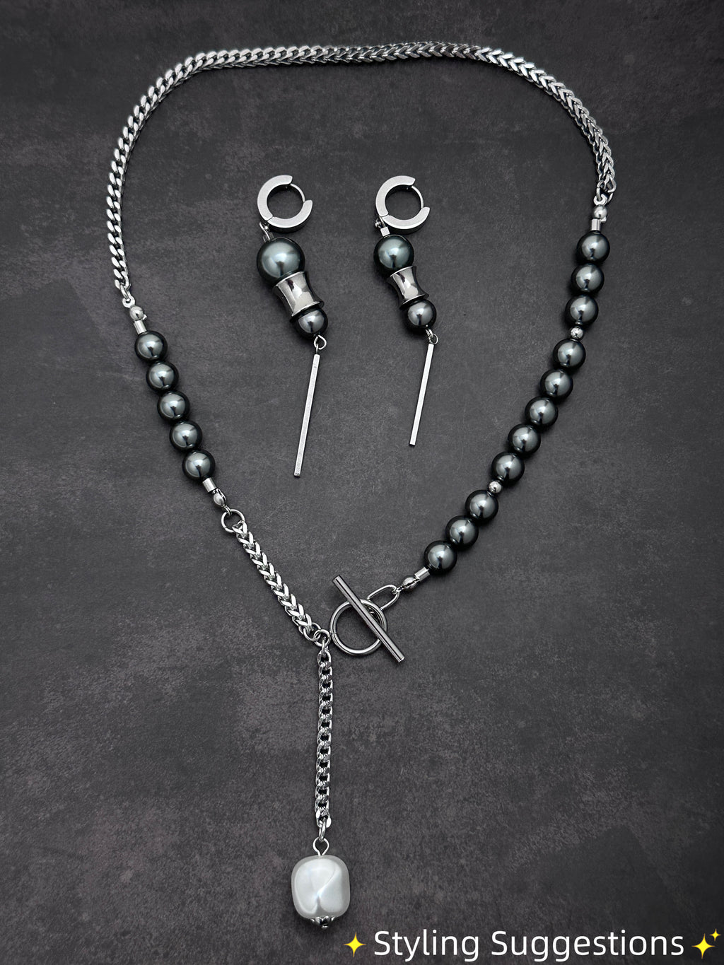 T-Bar Soft-Industrial  Necklace | Dark Grey Pearl  Y Necklace with Elegant Strength