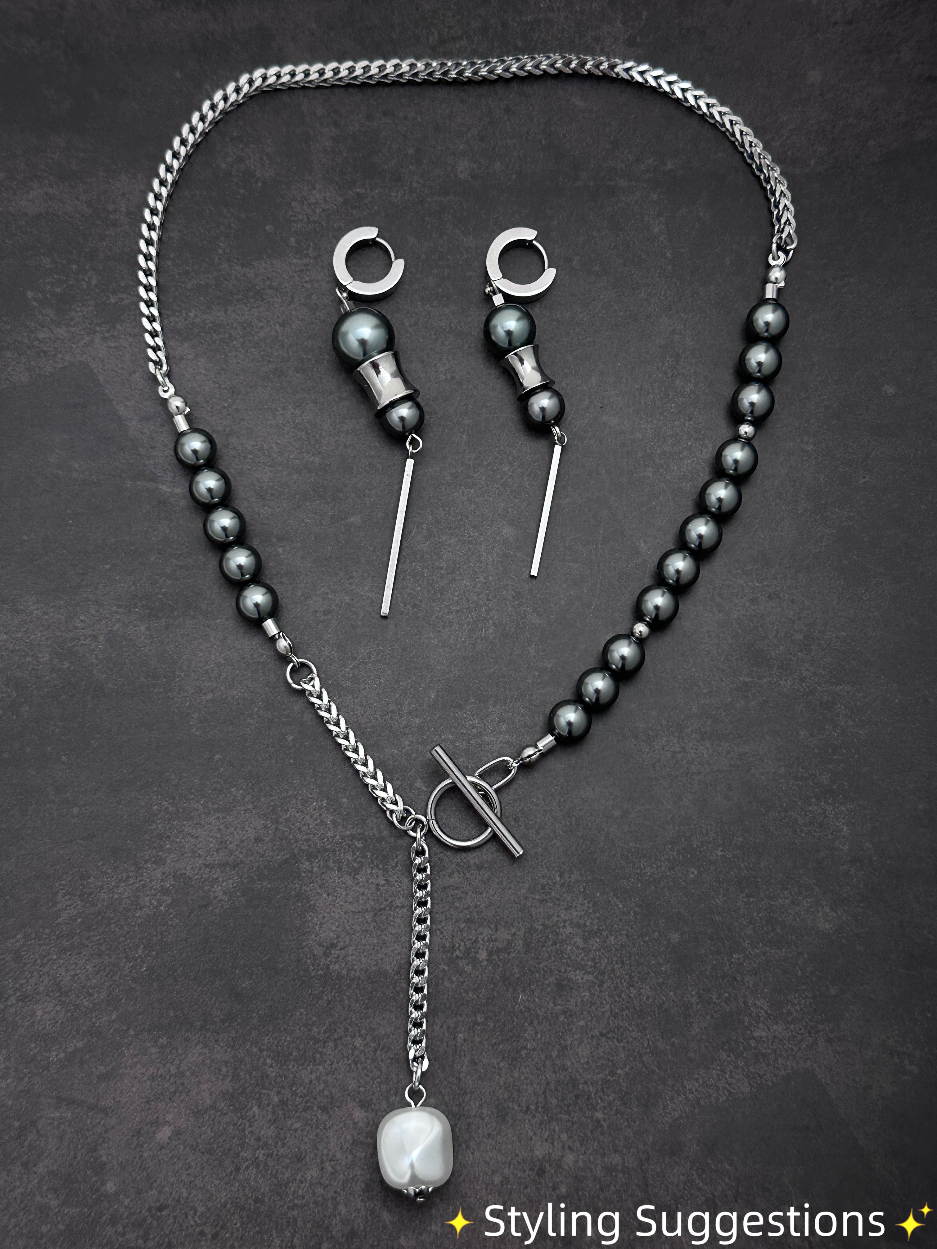 T-Bar Soft-Industrial  Necklace | Dark Grey Pearl  Y Necklace with Elegant Strength