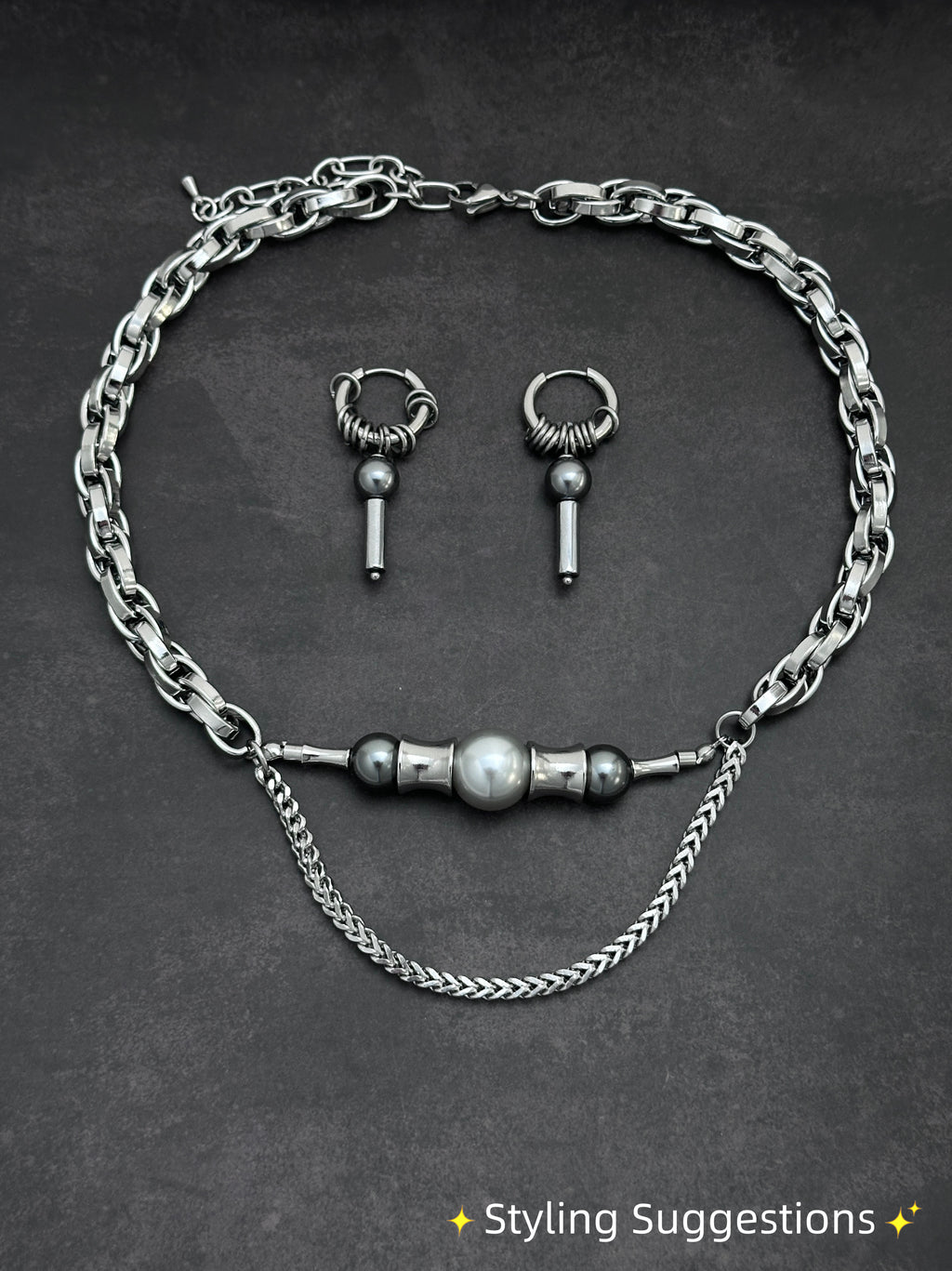 Layered Drop Soft-Industrial Necklace | Dark Grey Pearl Statement Necklace  One-line Selling Point