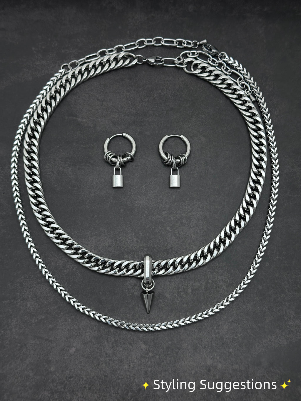 Spike Drop Punk Soft-Industrial Necklace | Double-Layer Chain Choker