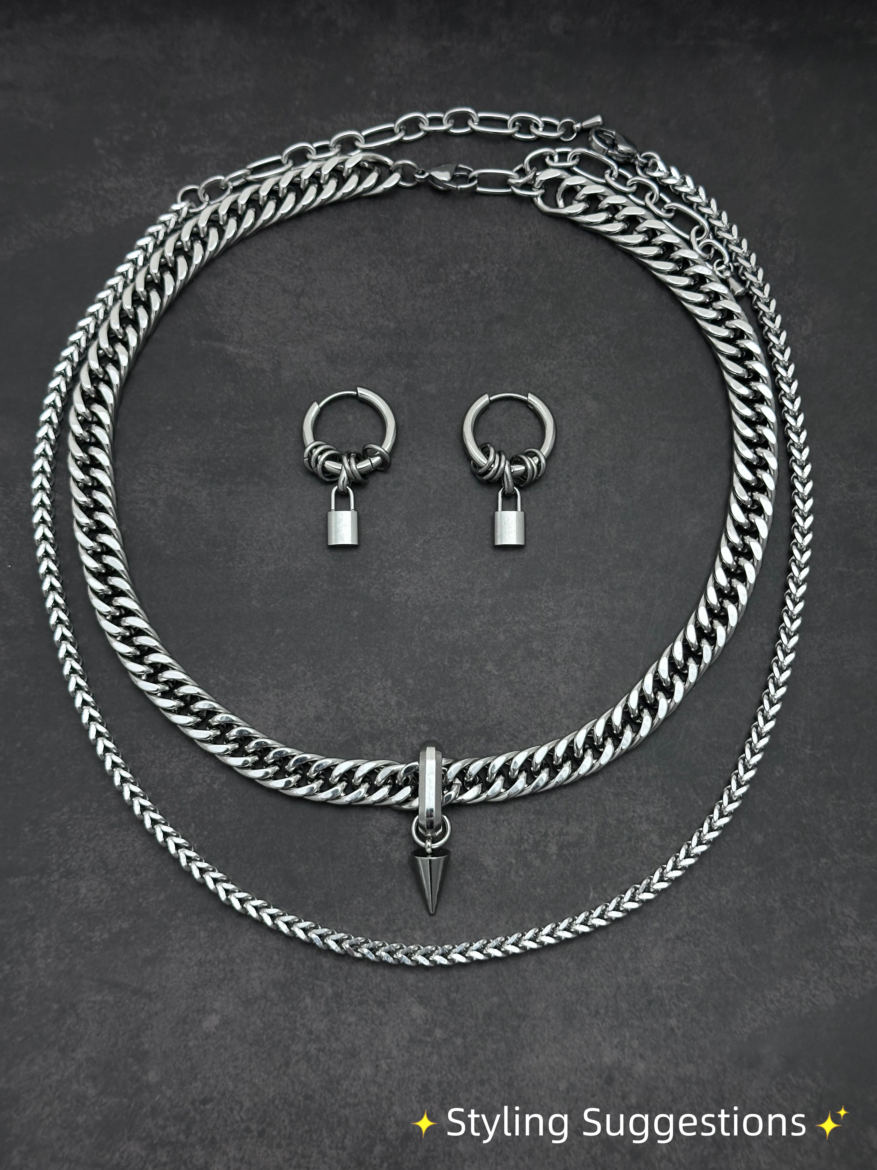 Spike Drop Punk Soft-Industrial Necklace | Double-Layer Chain Choker