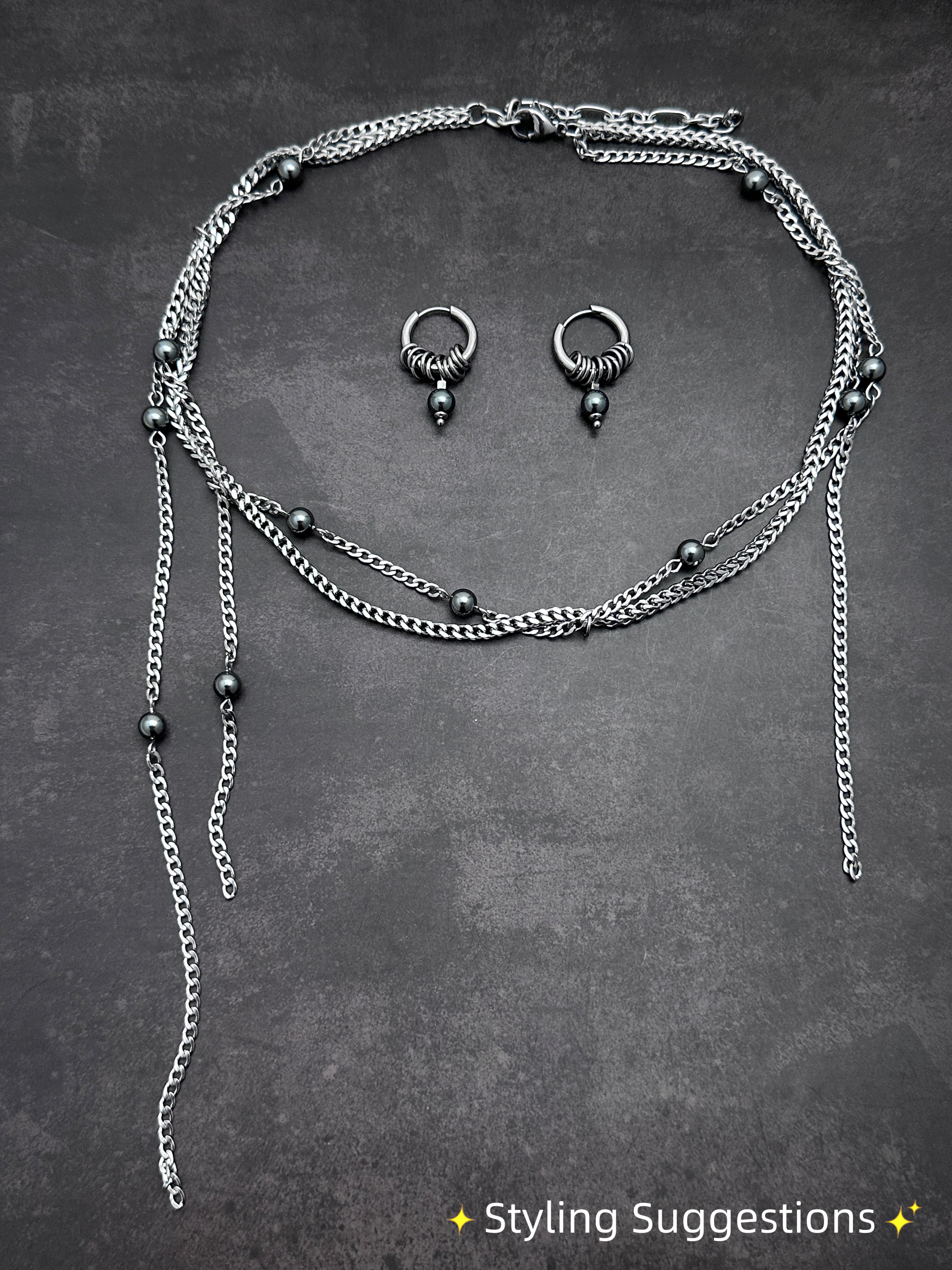 Starry Chain Statement Necklace | Dark Grey Pearls Soft-Industrial Necklace with Elegant Strength