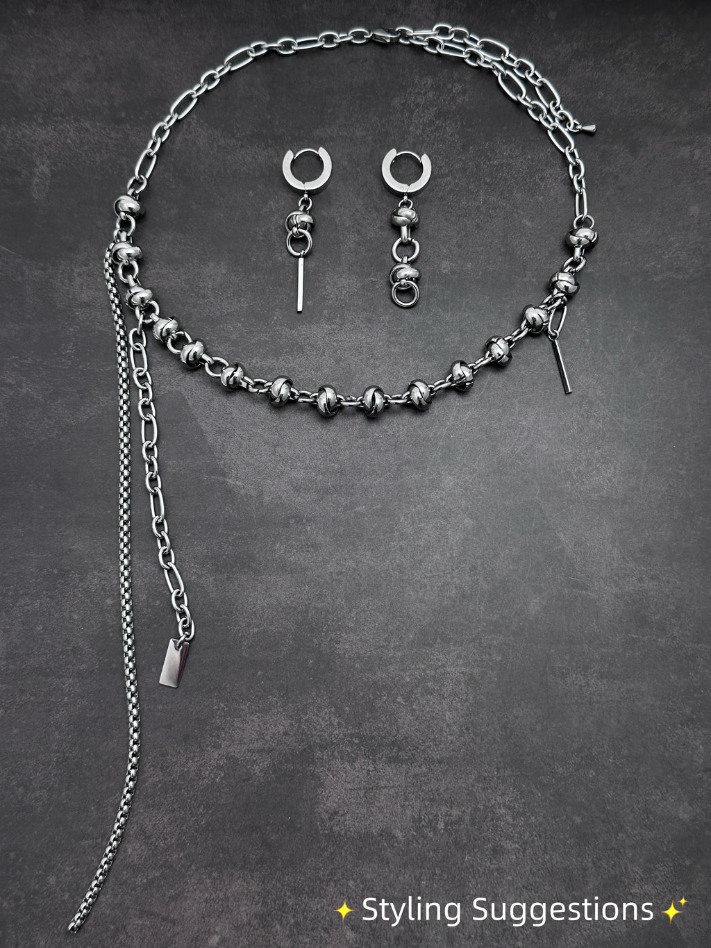 Dark Grey Pearl Chain  | Silver Metal Knot Asymmetric Soft-Industrial Necklace
