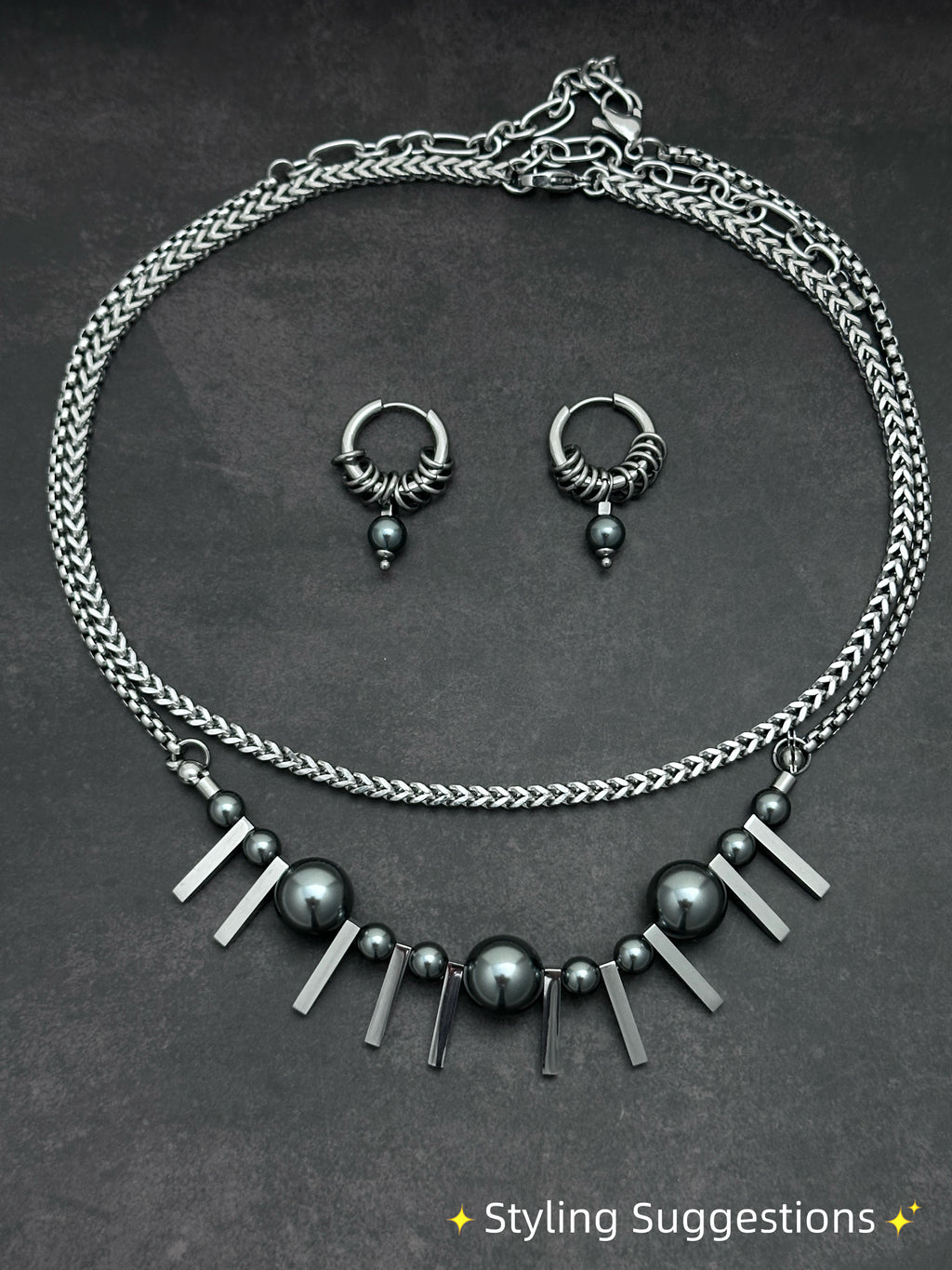 Dark Grey Pearl Double-Layer Necklace | Silver Industrial Chain Necklace with Elegant Strength