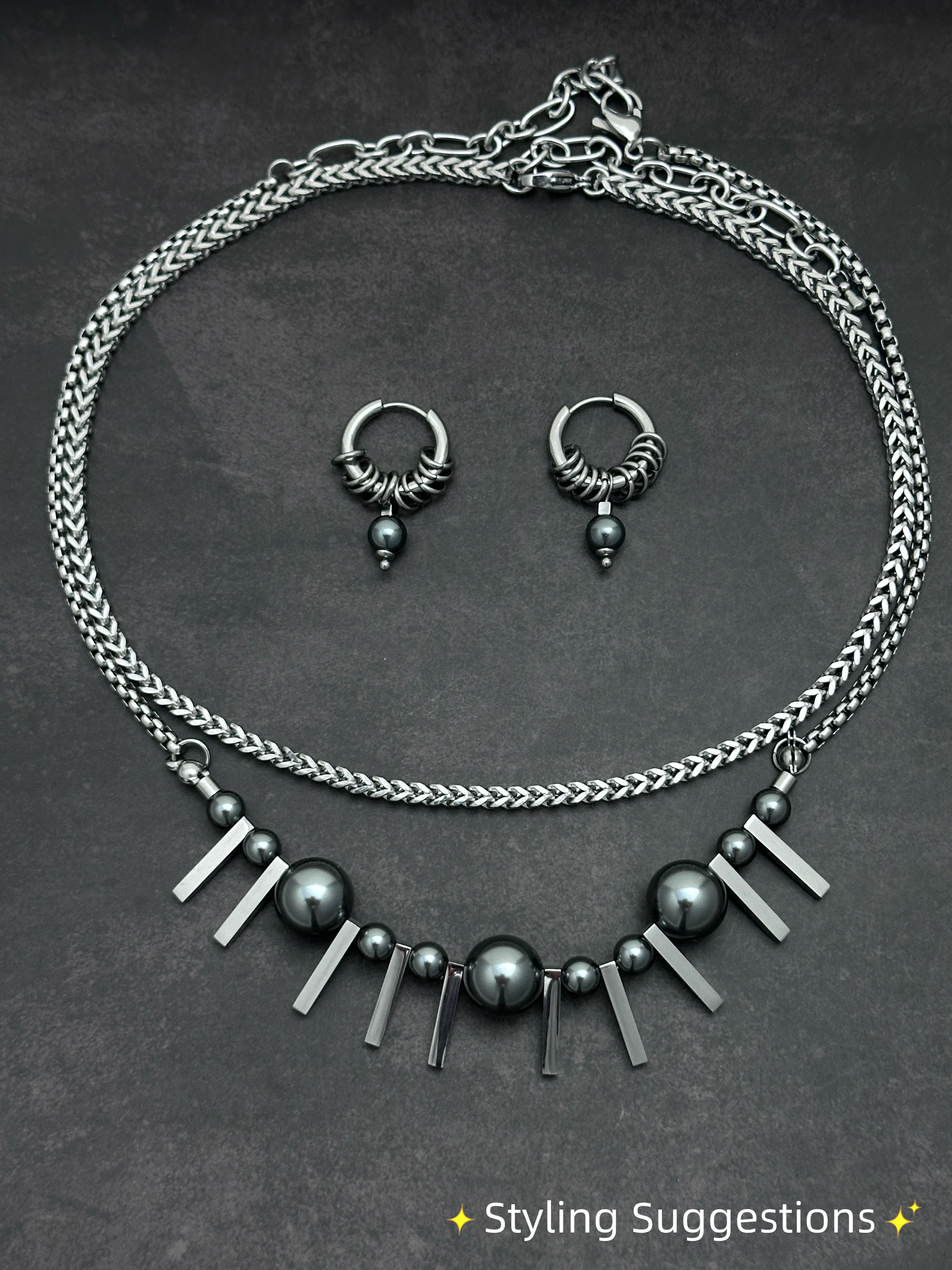 Dark Grey Pearl Double-Layer Necklace | Silver Industrial Chain Necklace with Elegant Strength