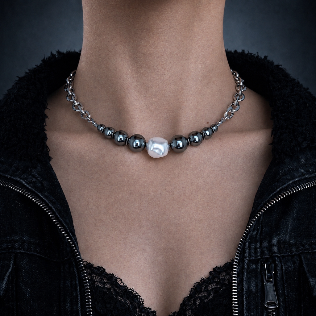 Graduated Pearl Statement Necklace | Soft-Industrial Necklace with Elegant Strength