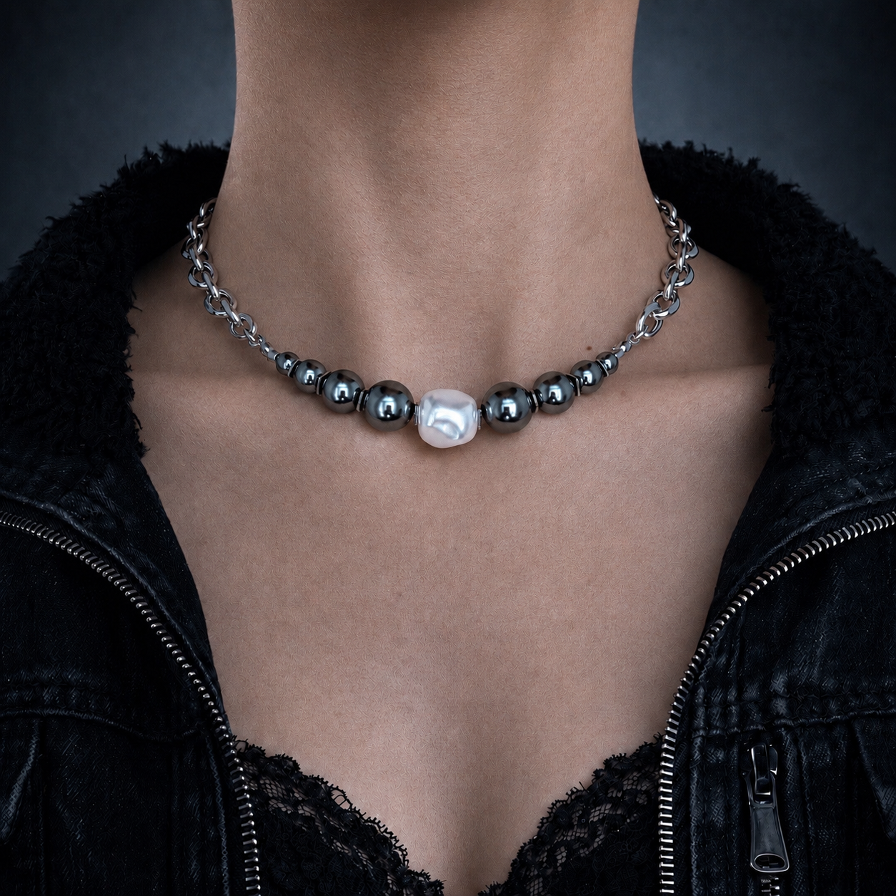 Graduated Pearl Statement Necklace | Soft-Industrial Necklace with Elegant Strength