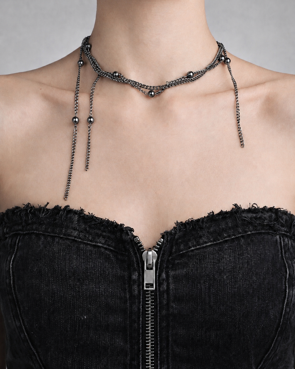 Starry Chain Statement Necklace | Dark Grey Pearls Soft-Industrial Necklace with Elegant Strength
