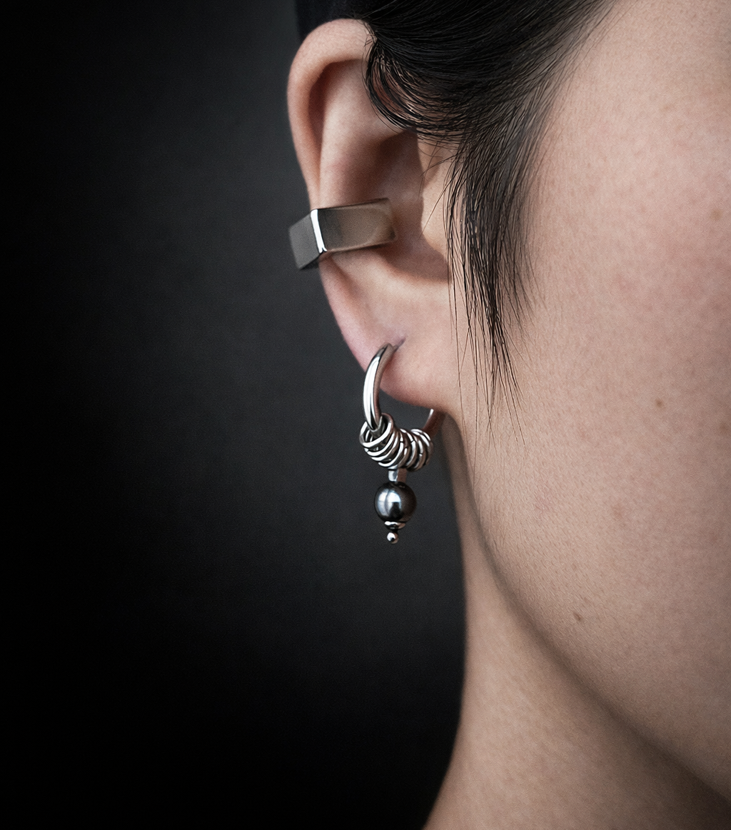Hoop Pearl Drop Earrings | Soft-Industrial Unisex Earrings with Strength