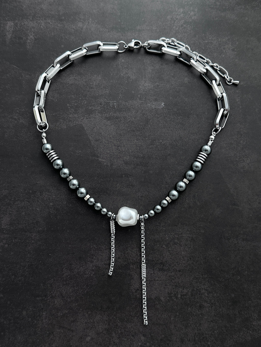Double Drop Soft-Industrial Necklace |  Dark Grey Beaded Pearl Statement Necklace