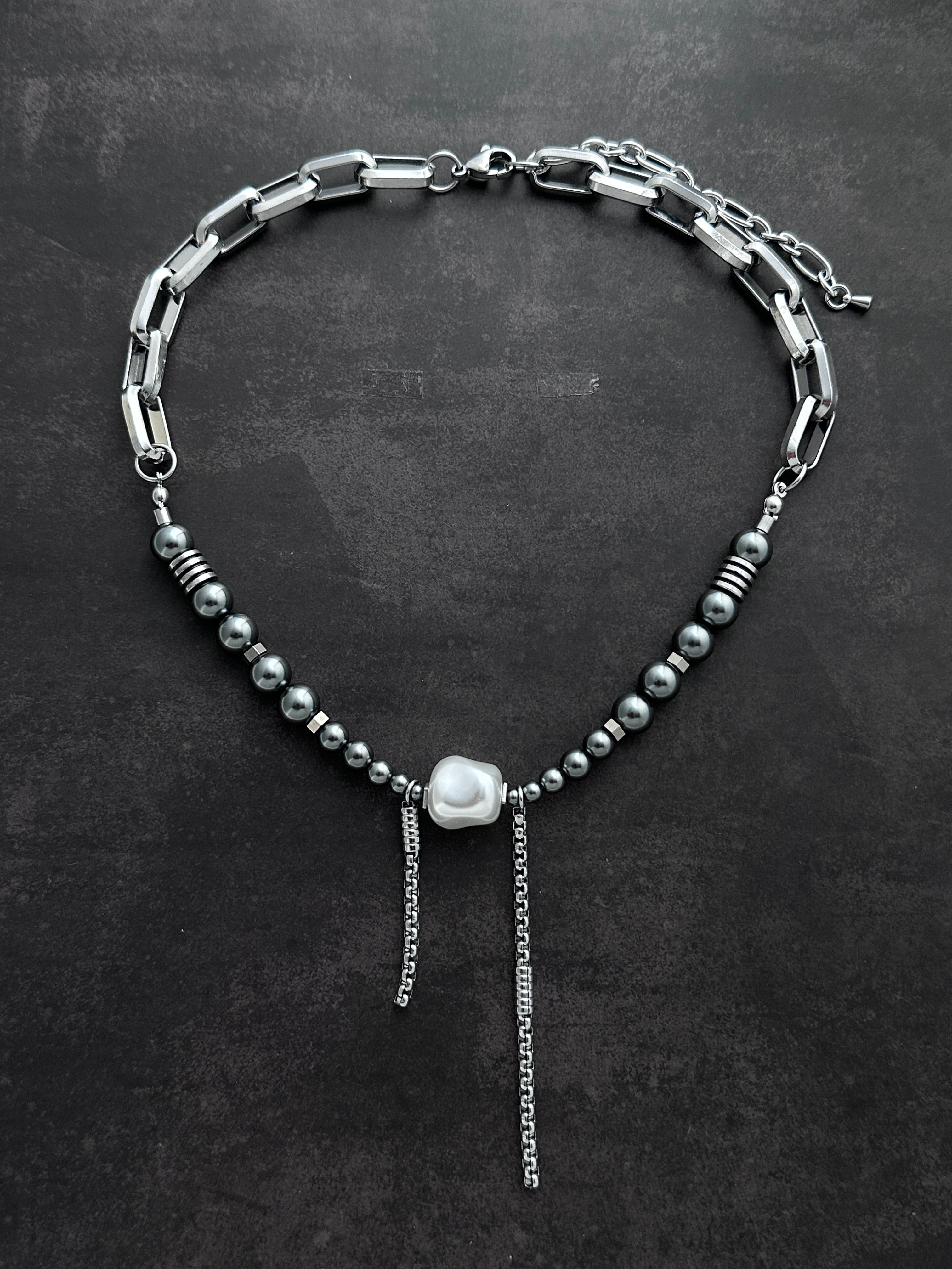 Double Drop Soft-Industrial Necklace |  Dark Grey Beaded Pearl Statement Necklace