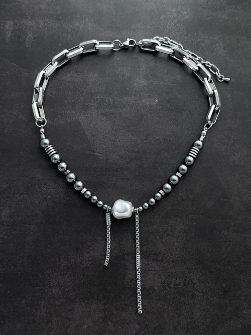 Double Drop Soft-Industrial Necklace |  Dark Grey Beaded Pearl Statement Necklace