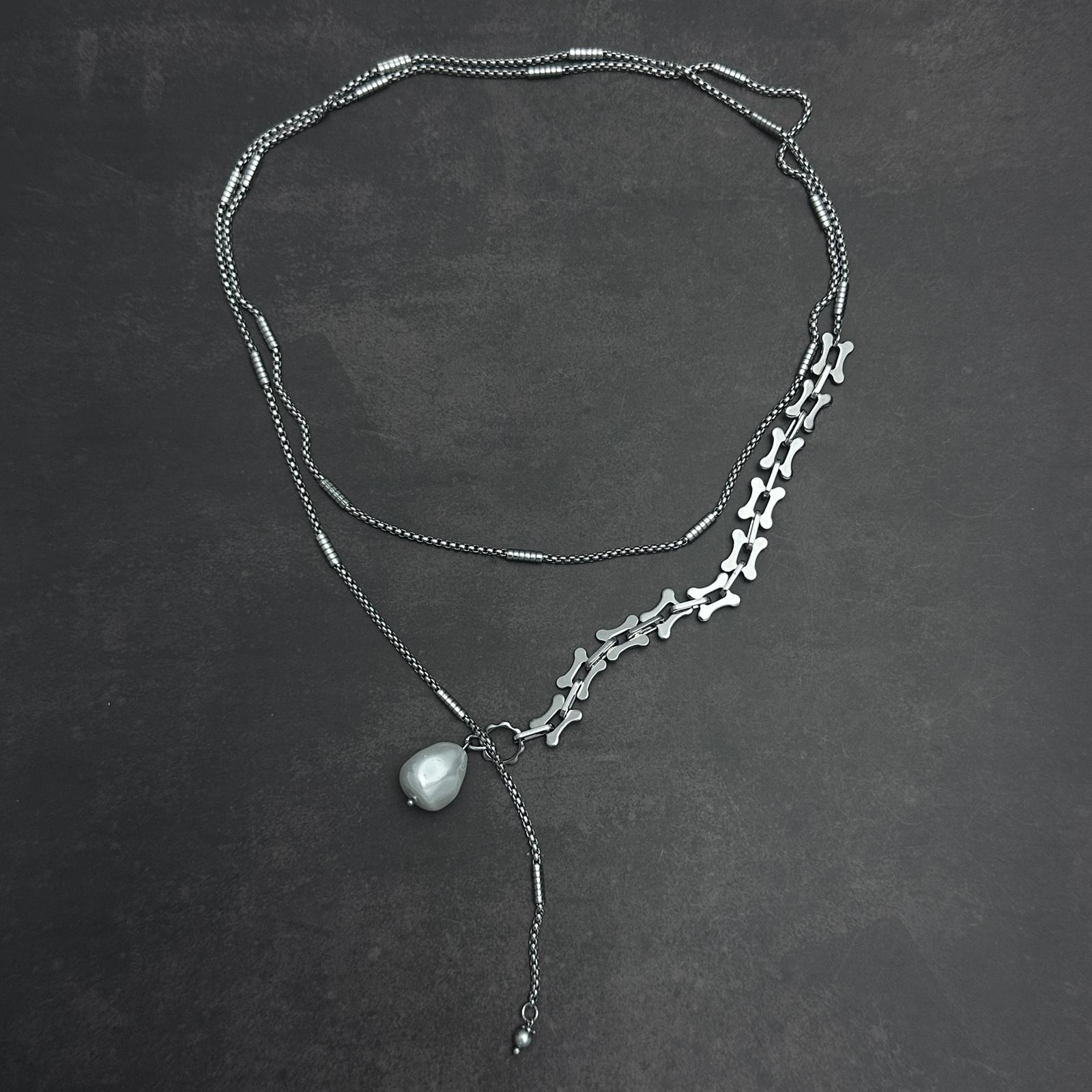 Silver-Tone Butterfly-Shaped Chain Necklace | Asymmetric Irregular Pearl Lariat Necklace