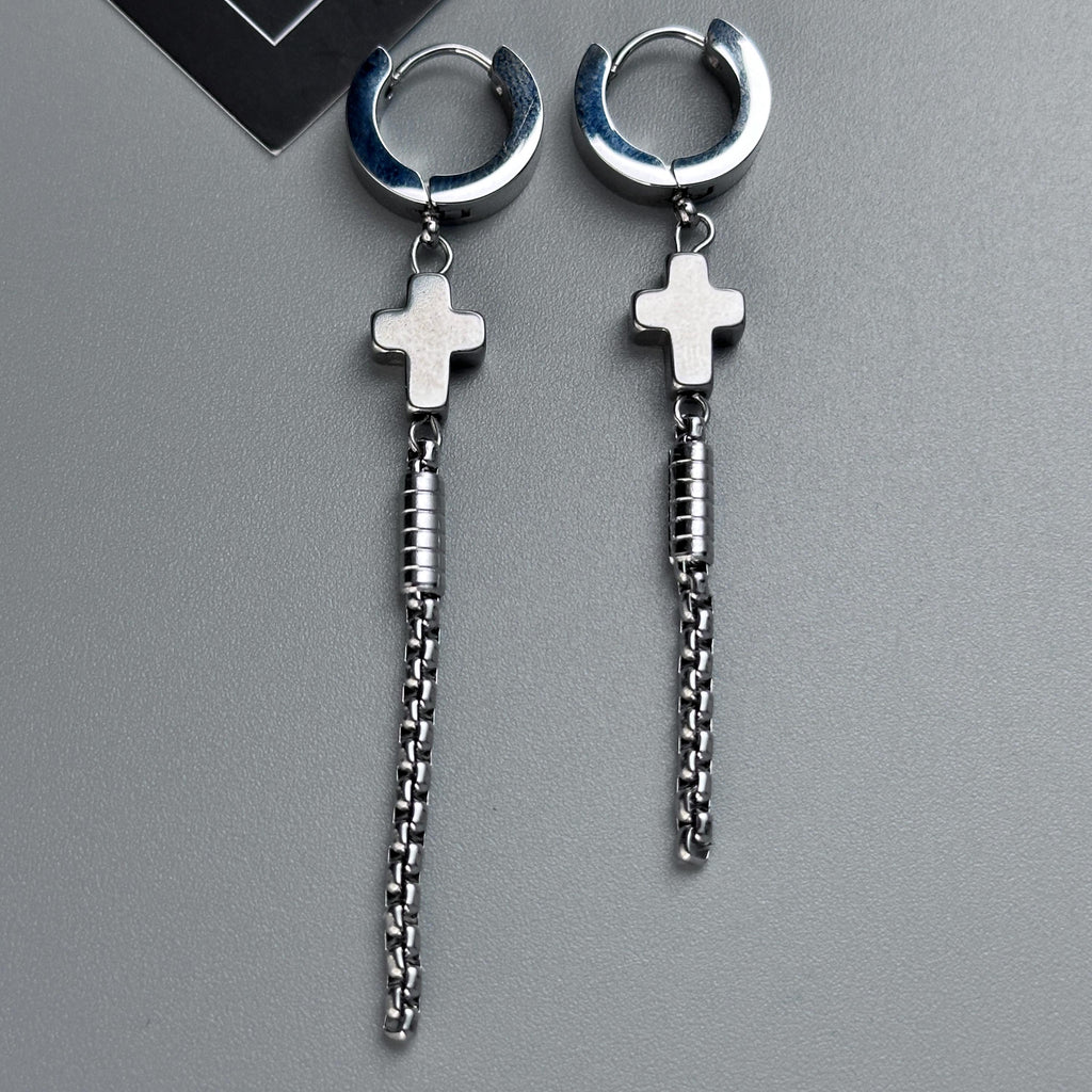 Hoop Cross Chain Earrings | Soft Industrial Gender-Neutral Jewelry