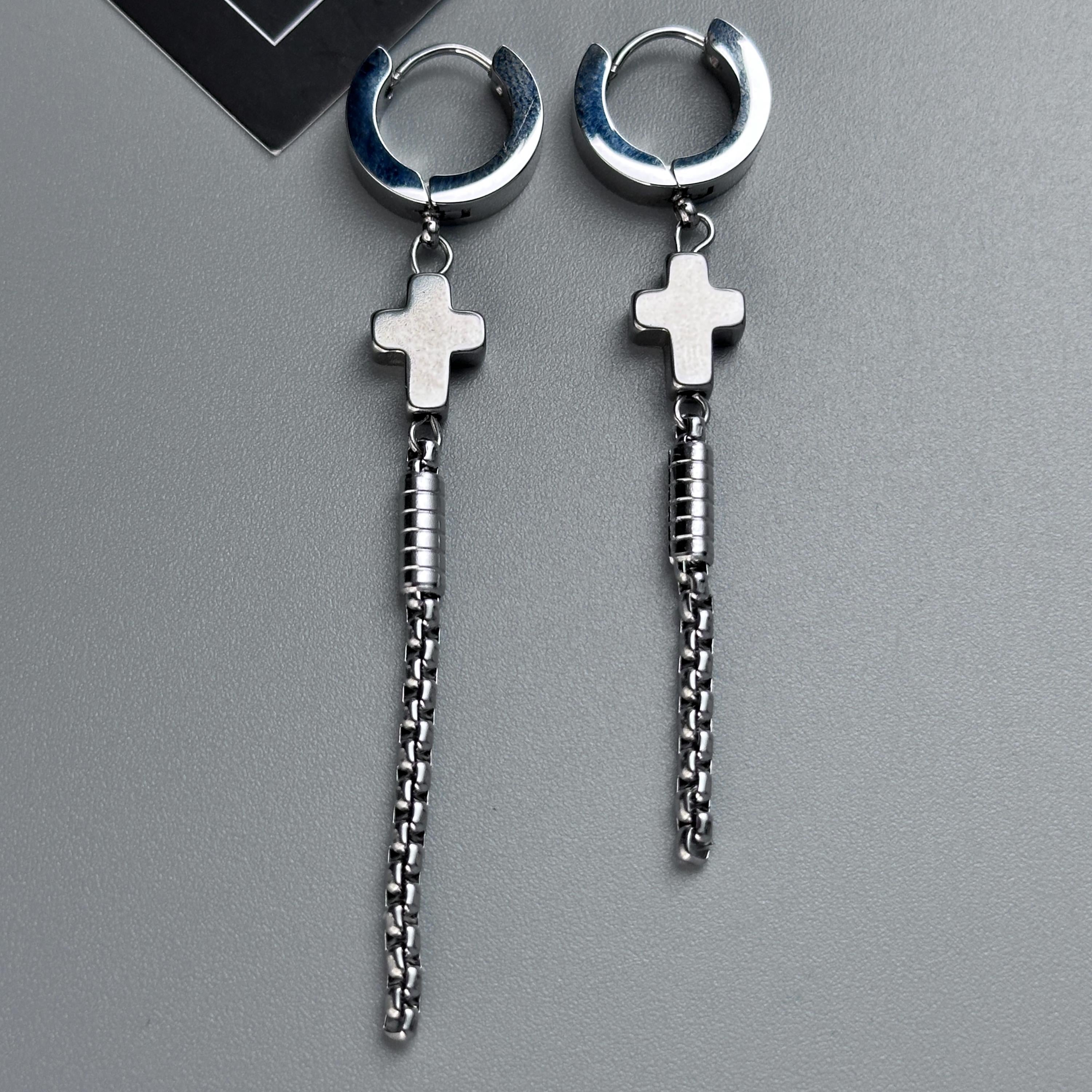 Hoop Cross Chain Earrings | Soft Industrial Gender-Neutral Jewelry