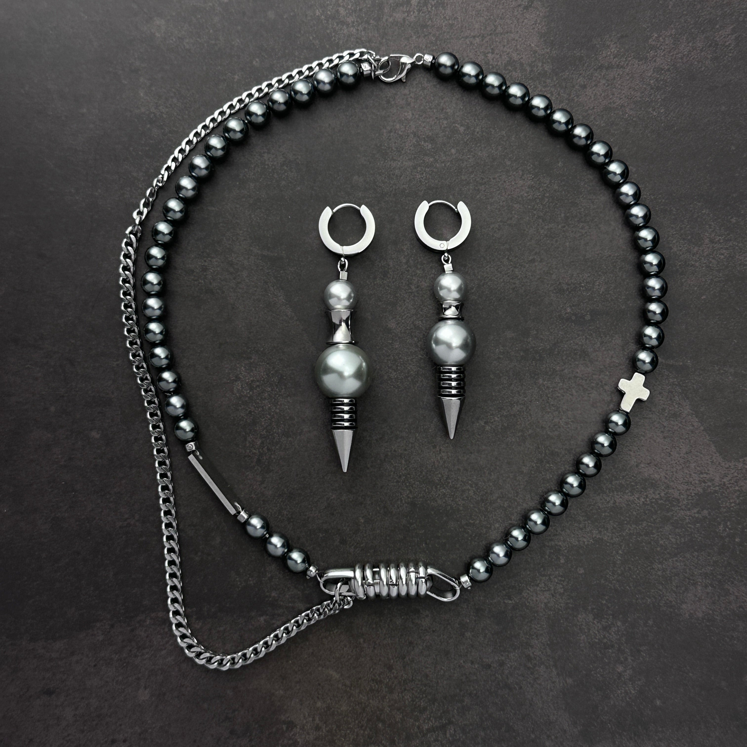 Cross Detail Pearl Necklace & Spike Drop Earrings Set | Soft Industrial Gender-Neutral Jewelry