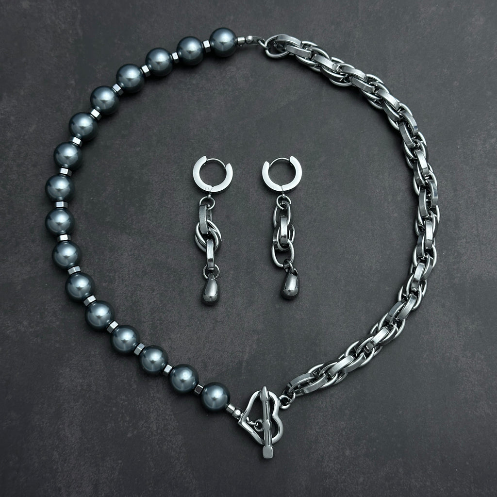 Heart Clasp Necklace & Teardrop Drop Earrings Set | Soft Industrial Gender-Neutral Jewelry
