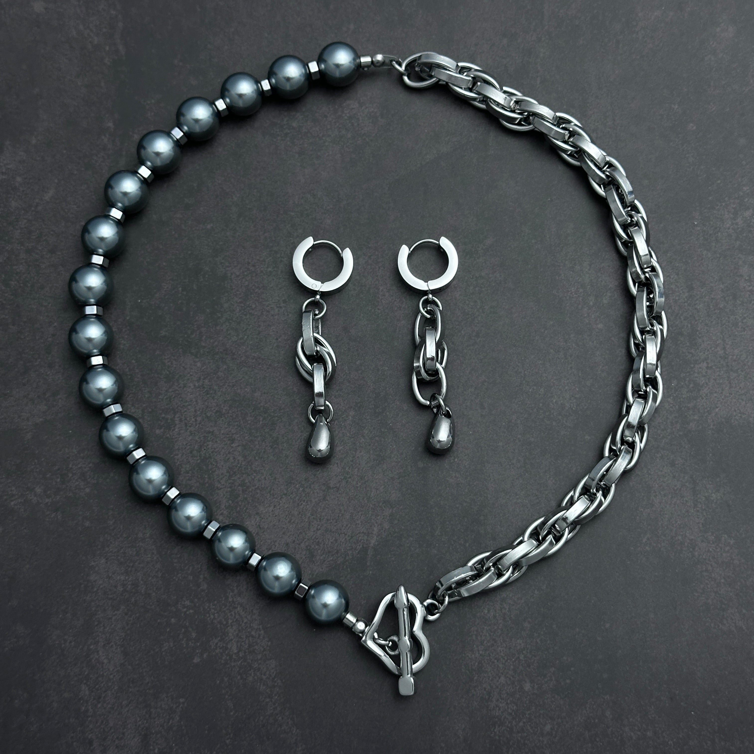 Heart Clasp Necklace & Teardrop Drop Earrings Set | Soft Industrial Gender-Neutral Jewelry