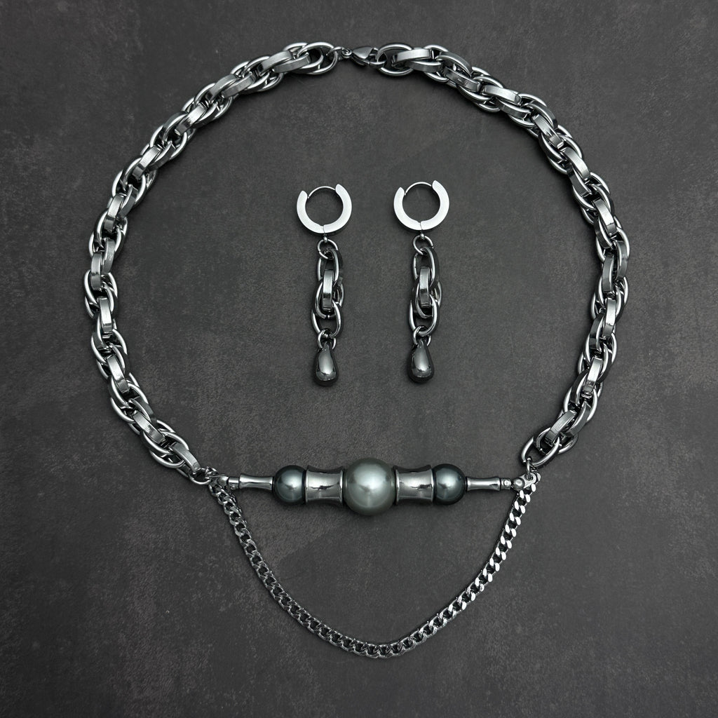 Pearl Bar Chain Necklace & Teardrop Chain Earrings Set | Soft Industrial Gender-Neutral Jewelry