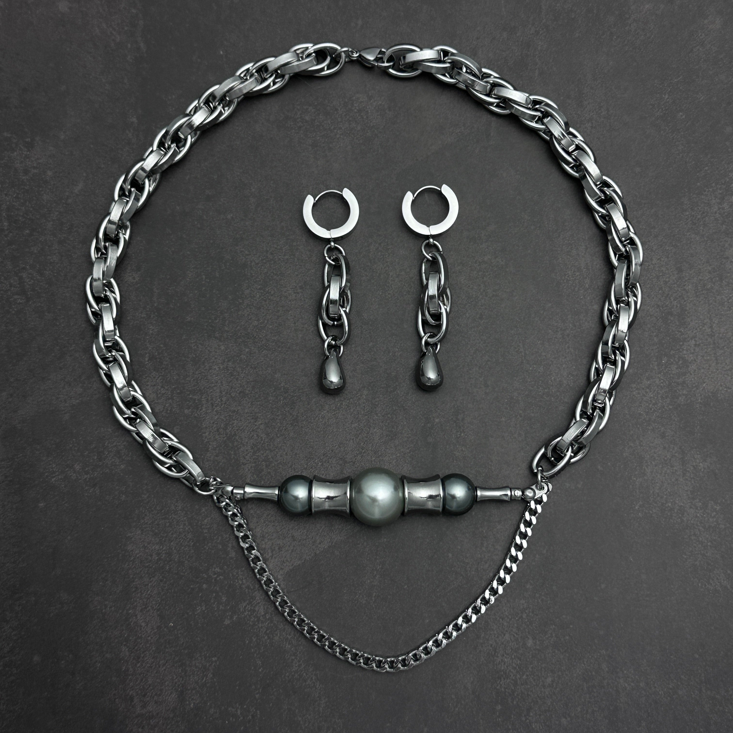 Pearl Bar Chain Necklace & Teardrop Chain Earrings Set | Soft Industrial Gender-Neutral Jewelry