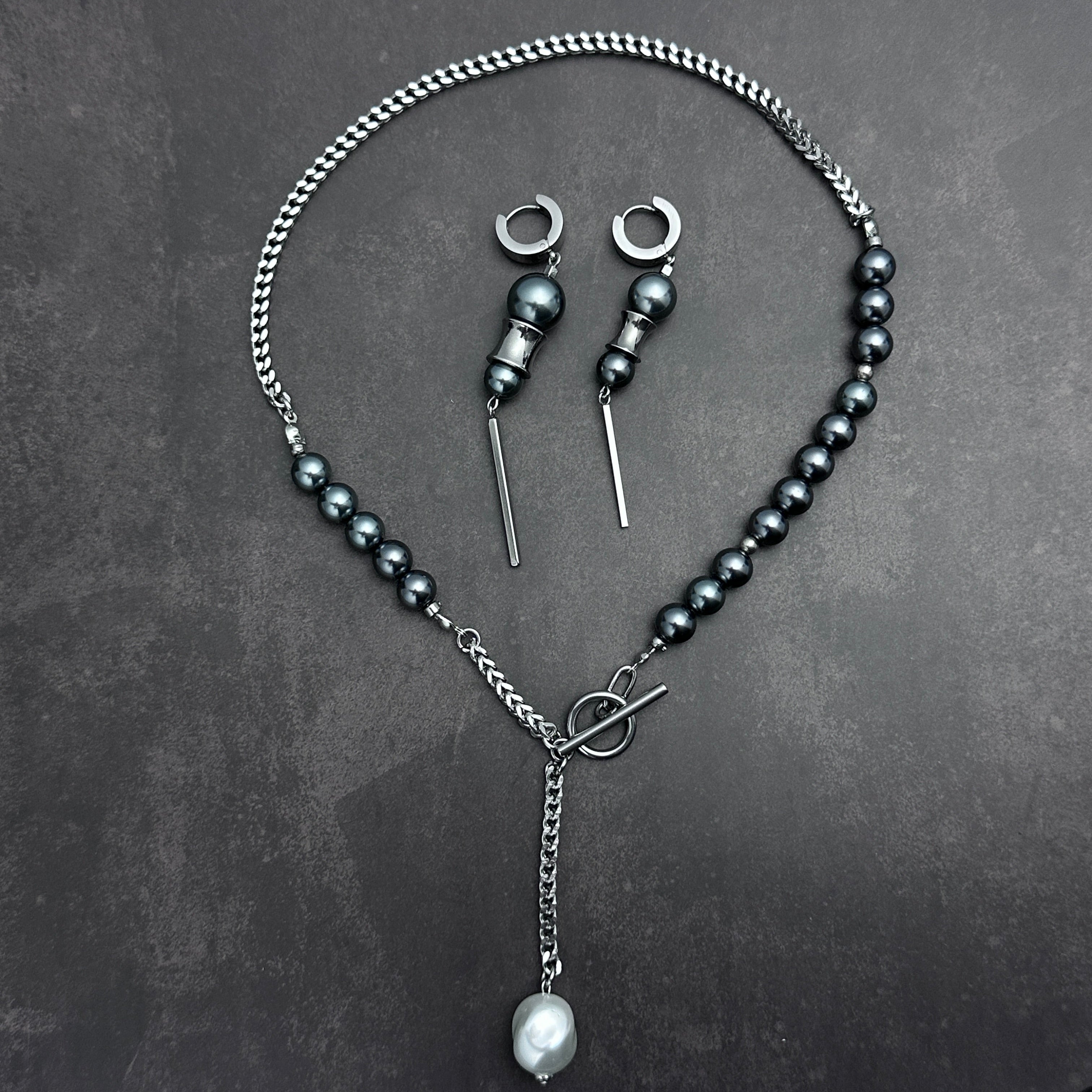 Toggle Clasp Pearl Chain Necklace & Long Bar Drop Earrings Set | Soft Industrial Gender-Neutral Jewelry